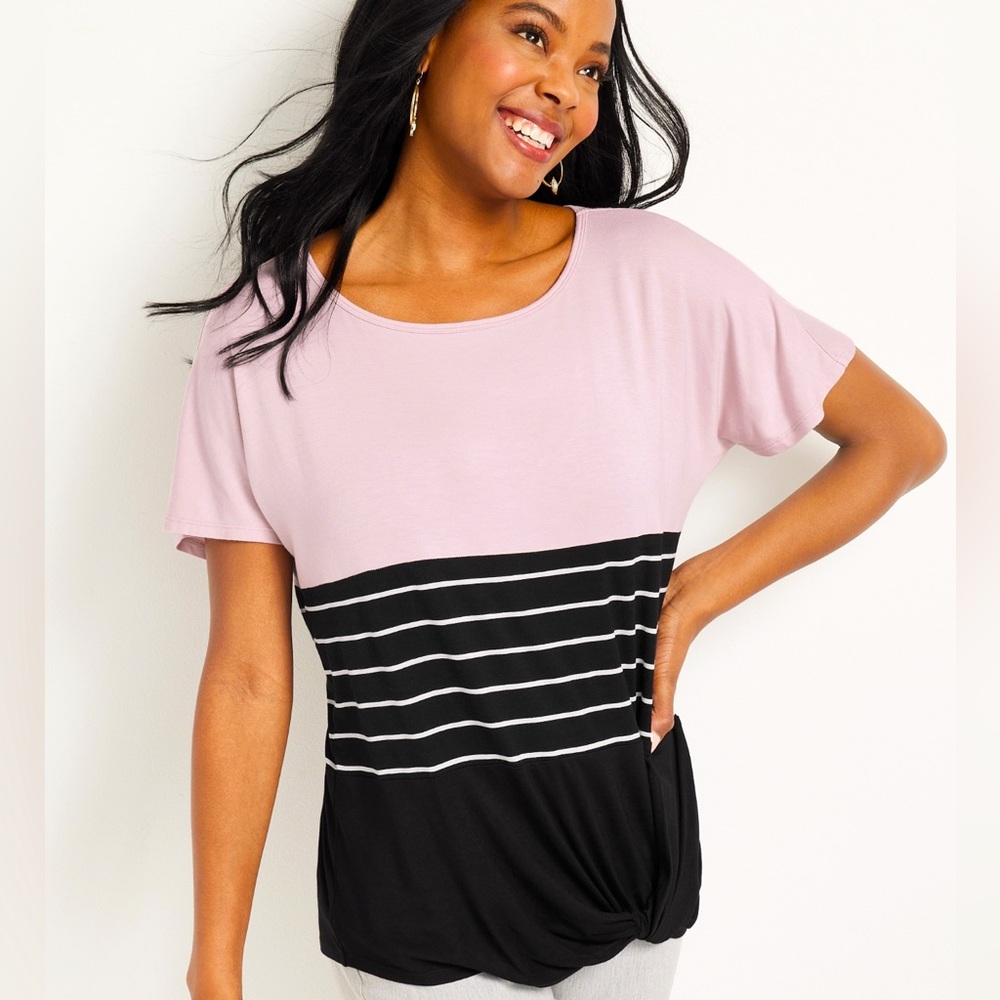 Maurice’s 24/7 Alexandria, Striped Colorblock Knot Hem Tee